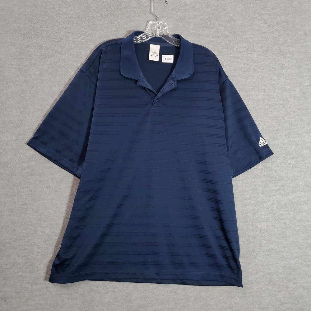 Adidas Men Polo Shirt XL Blue‎ Striped Logo Golf Short Sleeve Collar